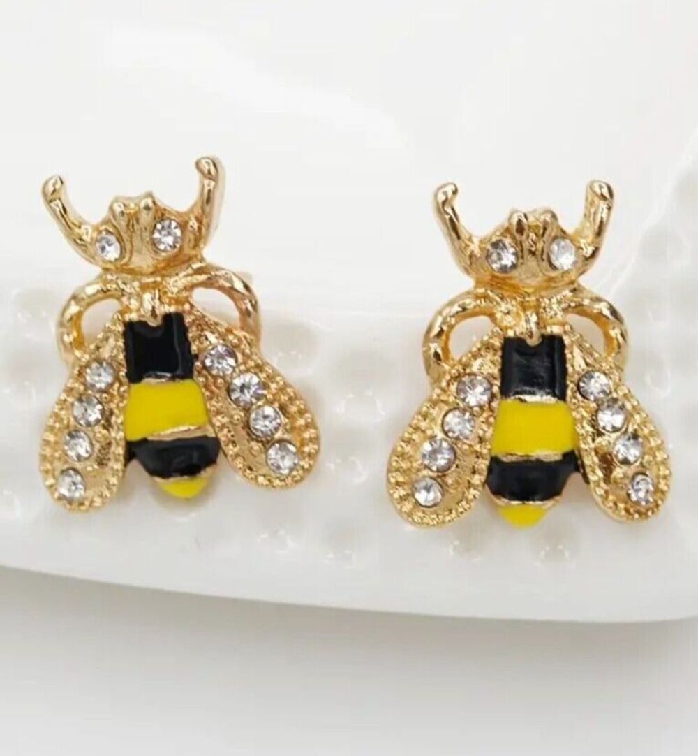 Bee Gold Black Yellow Enamel Bees Rhinestone Wings Eyes